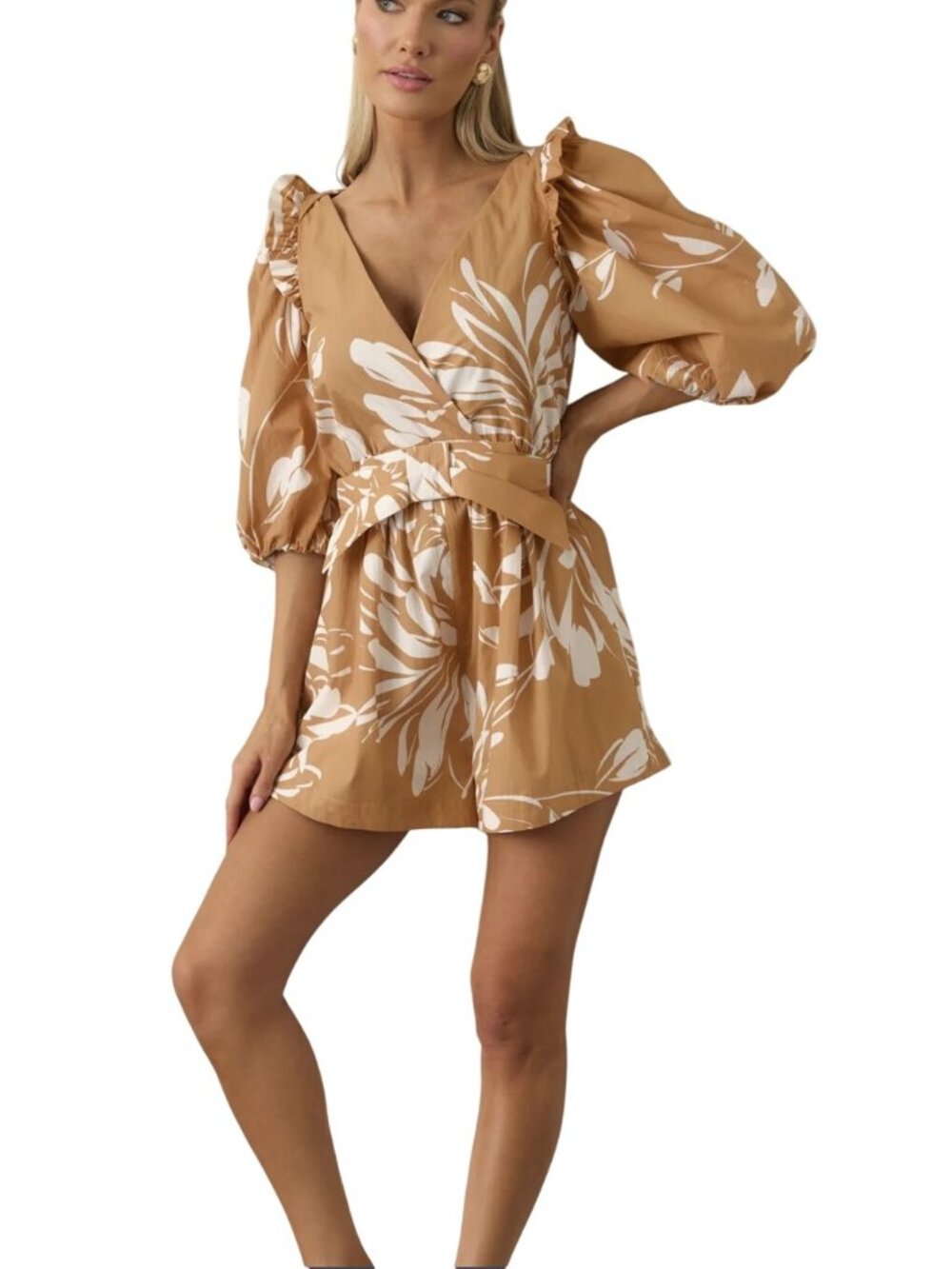 Prosperina Fawn Brown Floral Romper Medium New